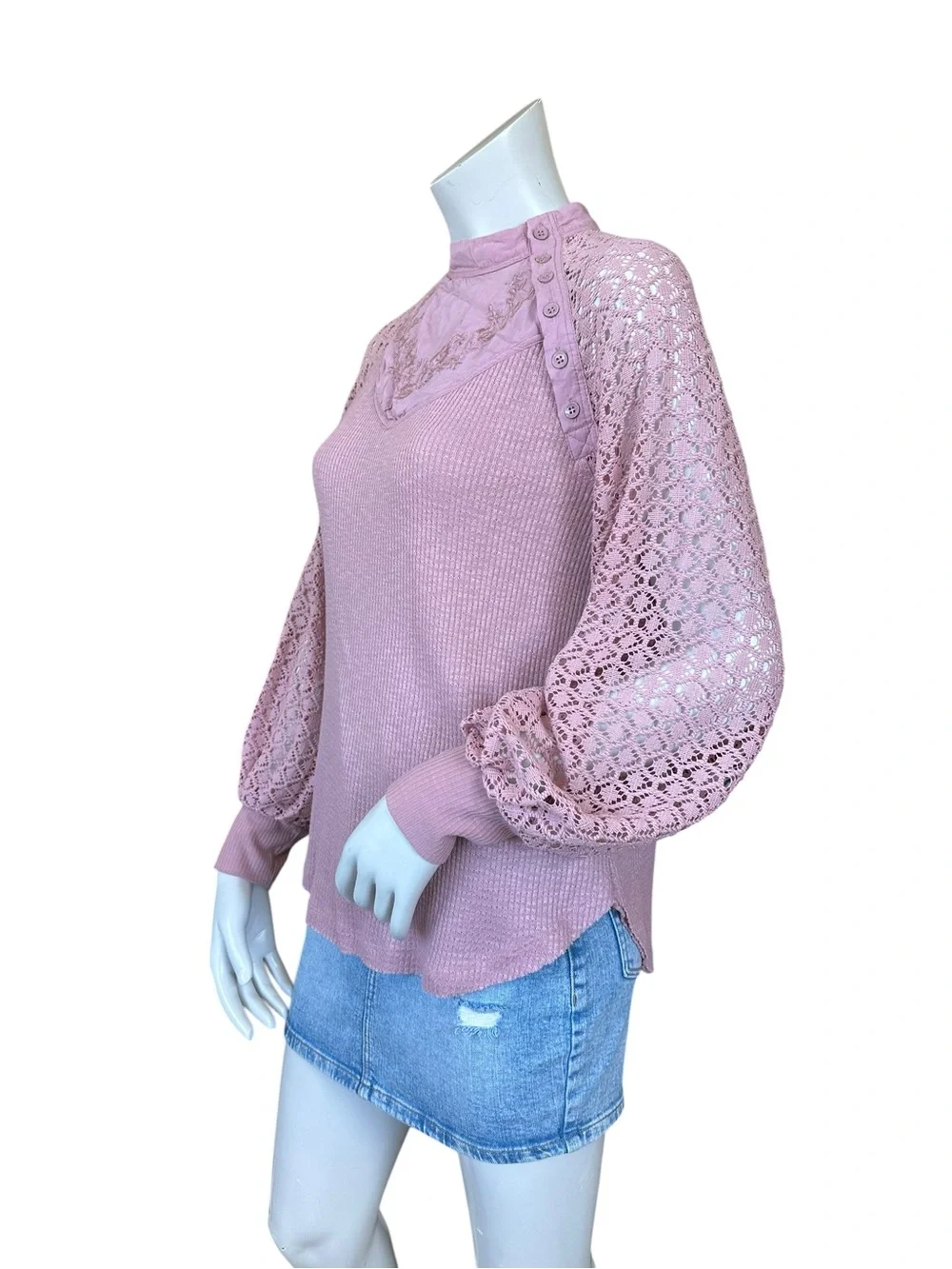 Free People Mauve Pink Sweetest Thing Thermal Knit Puff Sleeve Blouse Small